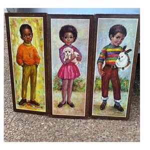 Vtg 1960s Big Eye Children Wall Art Lithograph Set 3 Mid Century Portraits